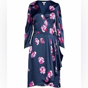 Joie Miltona Floral Wrap Dress 2xs Midnight Blue Satin Pleated Tie